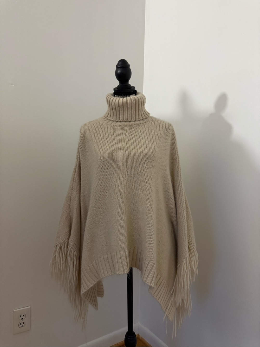 Cream Turtleneck Fringe Poncho Sweater